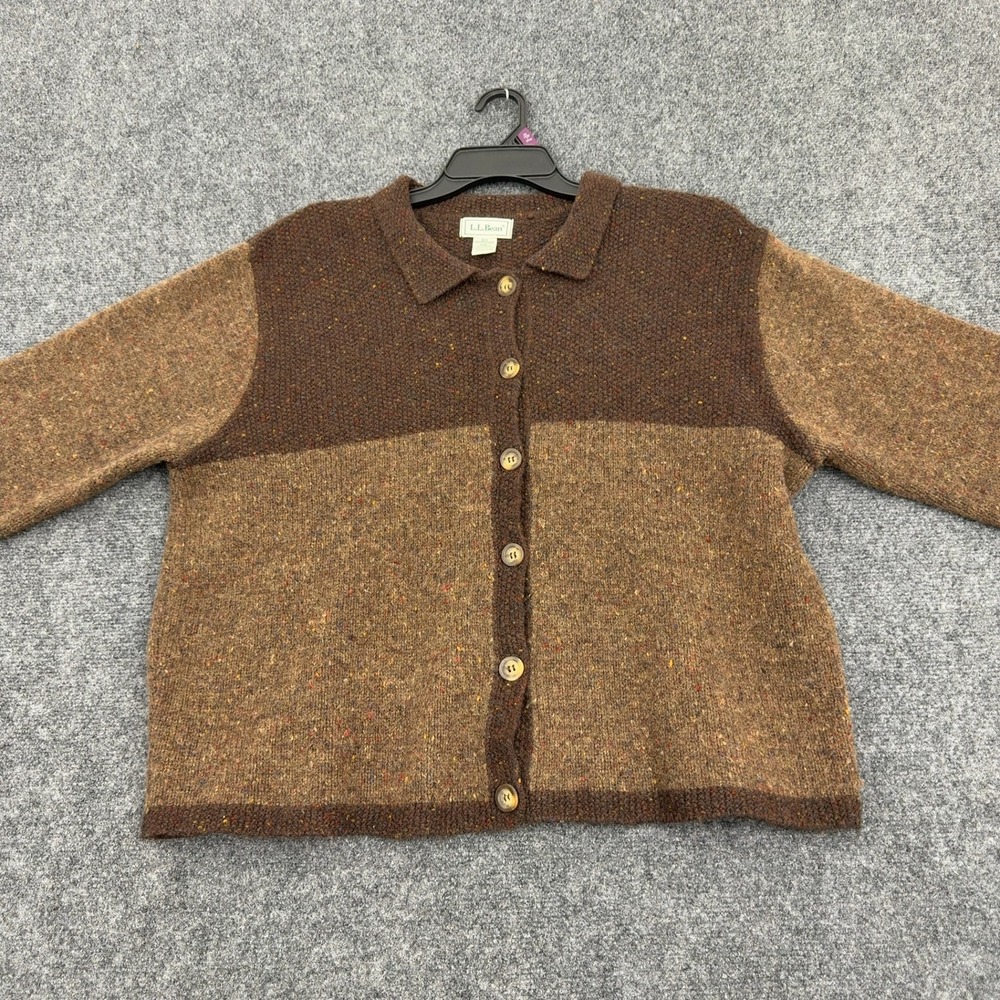 Vintage LL Bean Cardigan Women XL Brown Lambswool Button Collared Preppy Style - Picture 1 of 6
